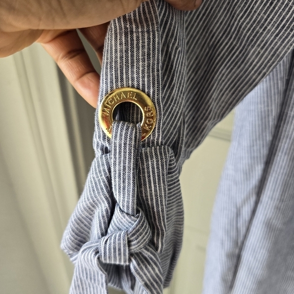 $110 Michael Kors Linen Blend Blouse Sz M White Blue Women Striped 3/4 Sleeves - Picture 6 of 13